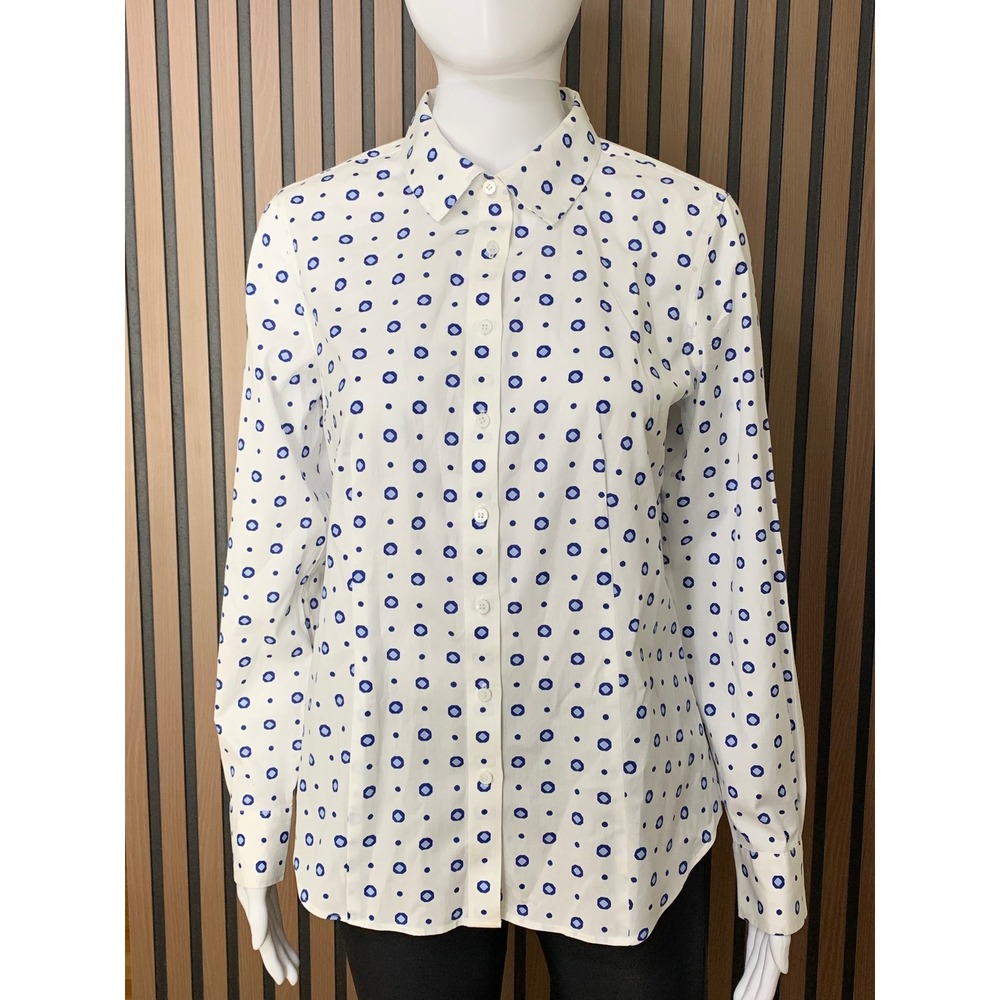 Talbots Women's 4 Non-Iron Button Down Shirt Blue White Geometric Medallion
